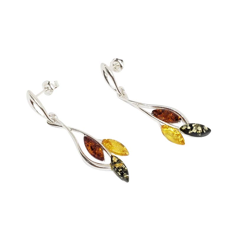 Sterling silver post dangle earrings feature marquise-shaped multicolor amber stones.