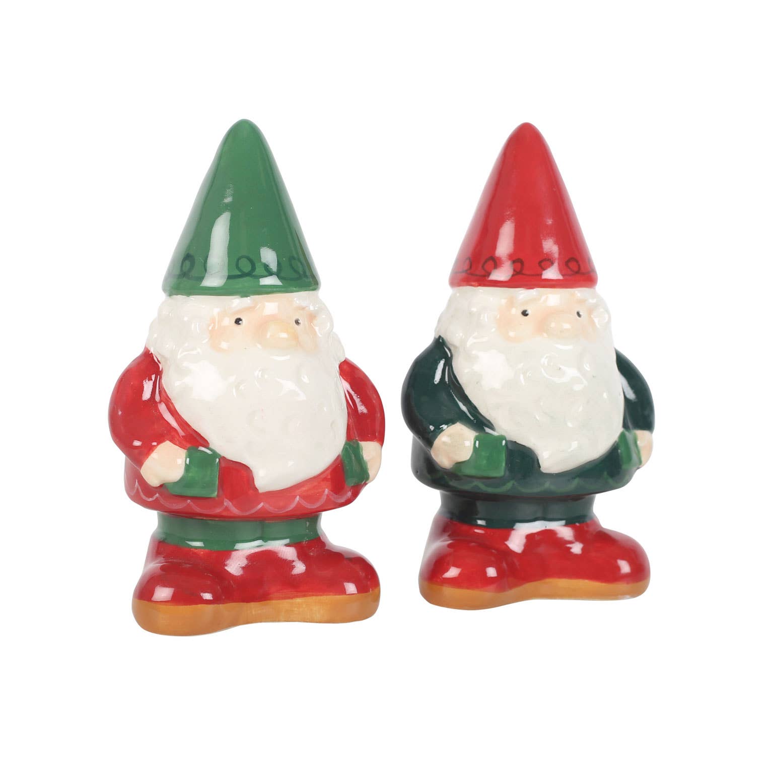 Featuring two ceramic gnome figurines with white beards, one dressed in green and red, and the other in red and green, the Shakers: Gnome Salt & Pepper Shakers add a delightful touch to any space. This unique home decor piece captures a winter forest-inspired giftware theme, making it perfect for the season.