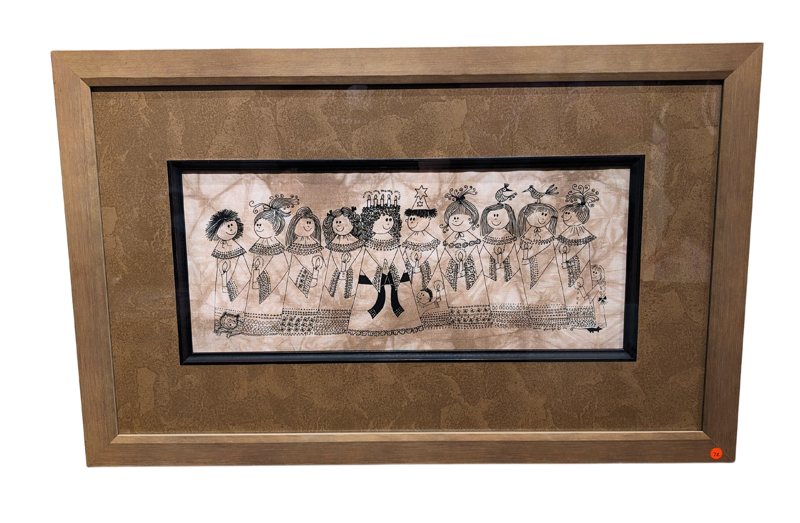 Artwork: 'Santa Lucia Pageant' (27.5”x17.5”) is a custom framed silkscreen print by Swedish artist Heidi Lange featuring nine stylized figures in festive attire with headpieces, birds, and instruments.