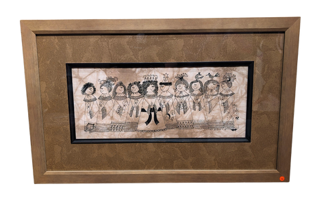 Artwork: 'Santa Lucia Pageant' (27.5”x17.5”) is a custom framed silkscreen print by Swedish artist Heidi Lange featuring nine stylized figures in festive attire with headpieces, birds, and instruments.