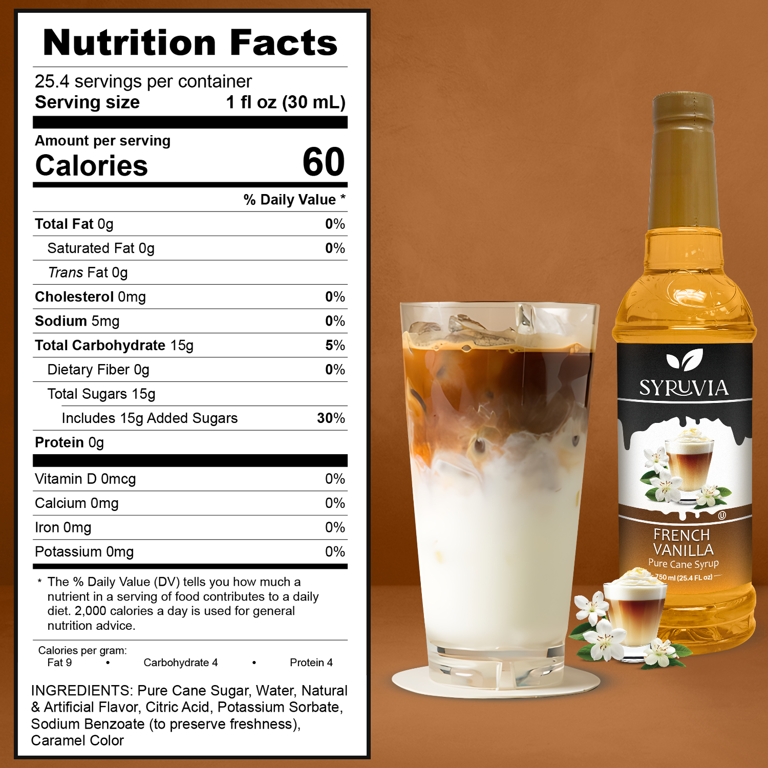 A bottle of Syruvia French Vanilla Coffee Syrup with real cane sugar sits beside a glass of iced coffee with milk; gluten-free nutrition facts and ingredients are shown to the left.