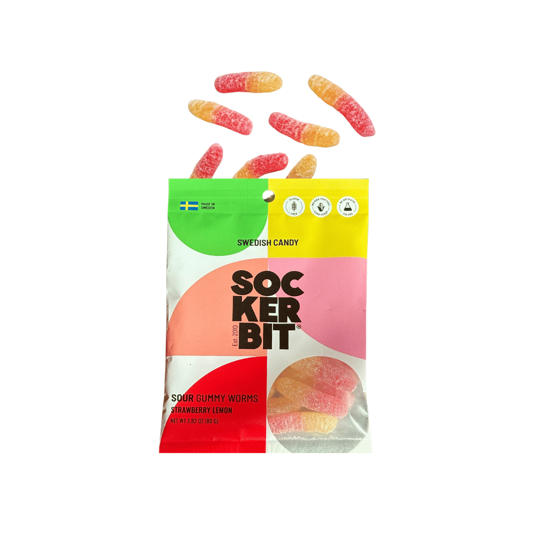 A vibrant bag of Candy: Sour Gummy Worms Swedish Candy with gluten free strawberry lemon-flavored worms spilling out above.