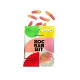 A vibrant bag of Candy: Sour Gummy Worms Swedish Candy with gluten free strawberry lemon-flavored worms spilling out above.