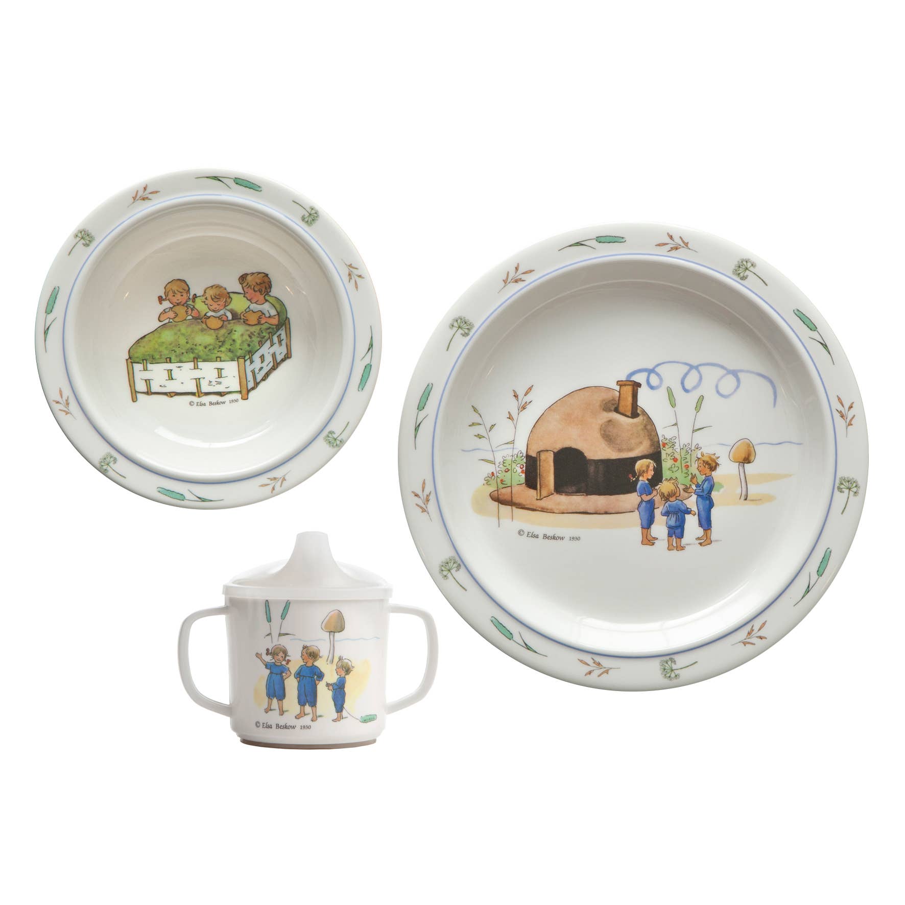 This Elsa Beskow "Children of Hat Cottage" dish set for kids includes a durable melamine bowl, sippy cup, and plate, all featuring whimsical illustrations inspired by Elsa Beskow's charming tales of children and houses.