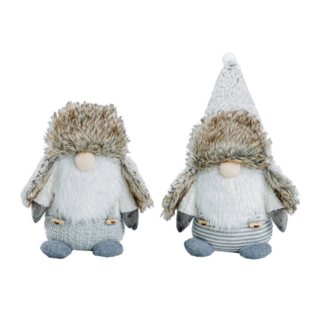 Two Scandinavian-style gnomes with white beards, furry hats, and striped outfits sit side by side on a plain white background.