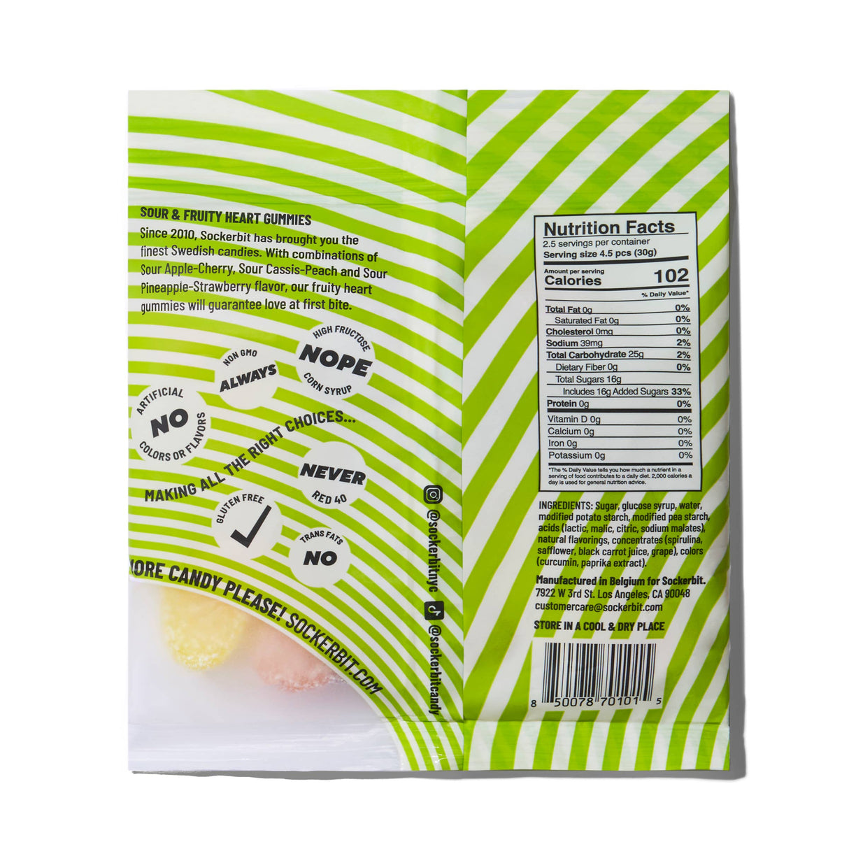 A green and white striped Sockerbit Sour Fruity Heart Gummies Swedish Candy Bag (2.8oz), shown from the back, displays nutrition facts, a description, and several icons with text—NOPE, NEVER, and ALWAYS—near some non-GMO fruity heart gummies at the bottom left corner.