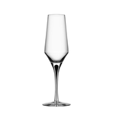 A clear, empty Orrefors Metropol Champagne Glass 9oz with a long stem and slightly tapered bowl, set against a plain white background.