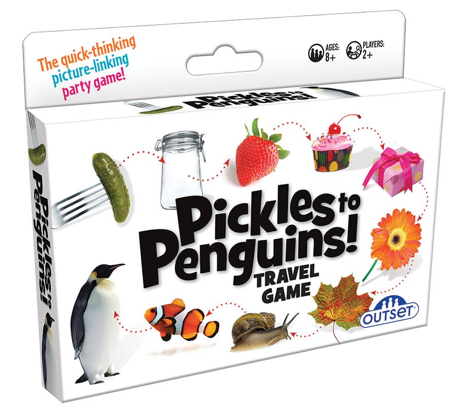Box for Game: Pickles to Penguins! The Fast-Paced Game of Wild Connections Travel Game—featuring images of a pickle, jar, strawberry, gift, flower, penguin, clownfish, and snail on a white background.