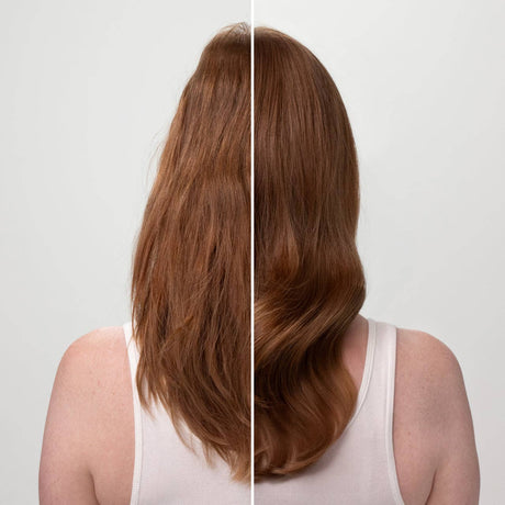 A woman with long auburn hair is shown from the back; her left side is frizzy, while the right side—treated with Hair: Volumizing Rosemary & Biotin Conditioner 12 fl oz.—looks smooth, shiny, and visibly fuller.