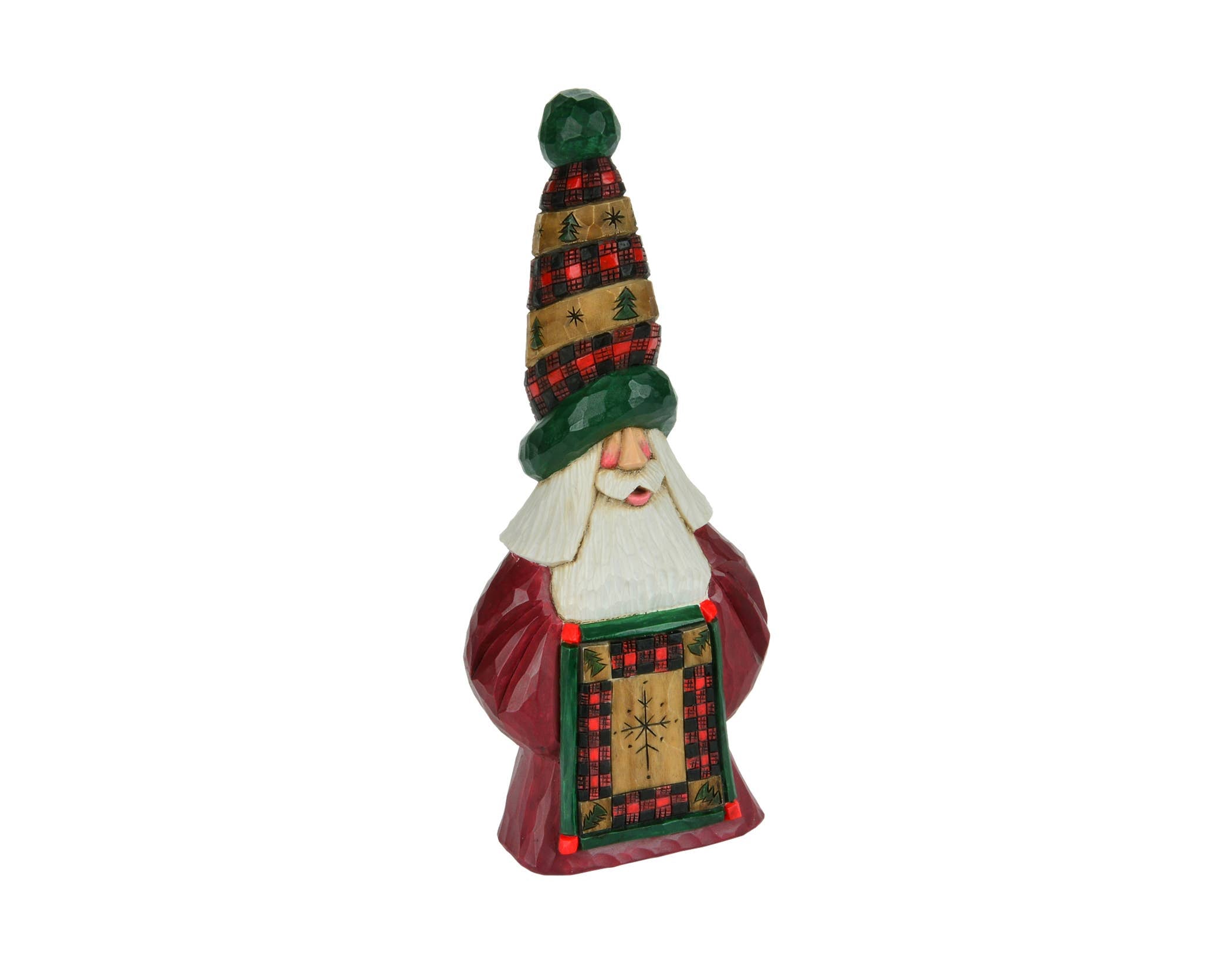 Santa figurine with a tall tartan hat, holding a decorative plaid quilt-patterned book.