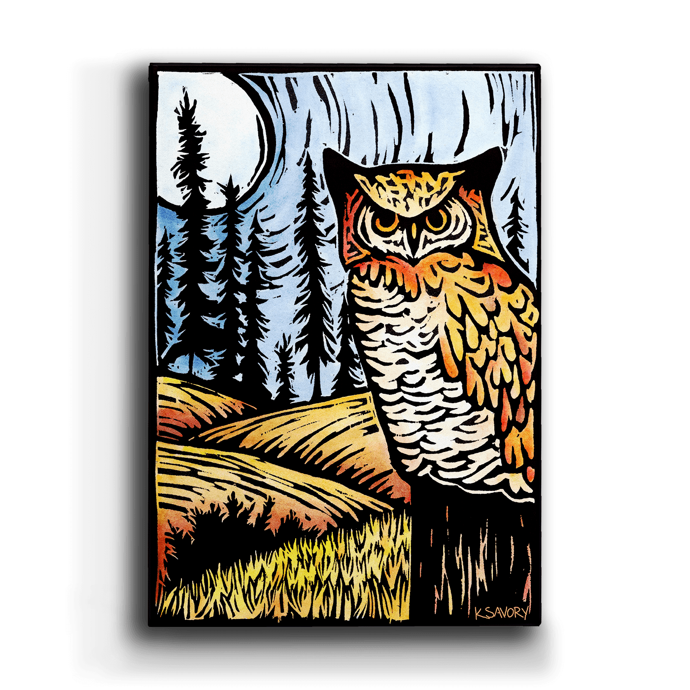 Field of Dreams - Metal Box Art features a vibrant great horned owl on a stump, set against a full moon and pine trees. Made with bold lines on aluminum (18" x 26" x 3"), it’s perfect wall decor for wildlife and metal art enthusiasts.
