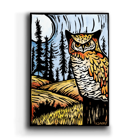 Field of Dreams - Metal Box Art features a vibrant great horned owl on a stump, set against a full moon and pine trees. Made with bold lines on aluminum (18" x 26" x 3"), it’s perfect wall decor for wildlife and metal art enthusiasts.