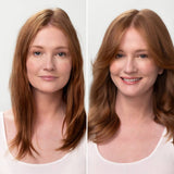 Side-by-side comparison: left shows straight, unstyled hair before using Hair: Volumizing Rosemary & Biotin Conditioner 12 fl oz.; right shows thicker, softly waved, styled hair and a smiling woman after use.