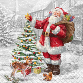 Bring festive cheer to your table with the Santas Xmas Tree Christmas Napkins (20ct), featuring Santa beside a decorated tree, surrounded by gifts, a deer, and squirrel in a snowy village—perfect for charming holiday decor.