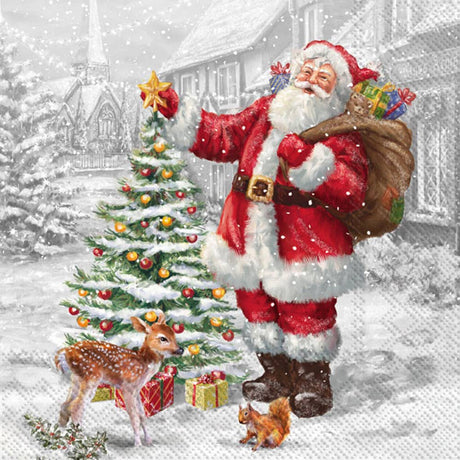 Bring festive cheer to your table with the Santas Xmas Tree Christmas Napkins (20ct), featuring Santa beside a decorated tree, surrounded by gifts, a deer, and squirrel in a snowy village—perfect for charming holiday decor.