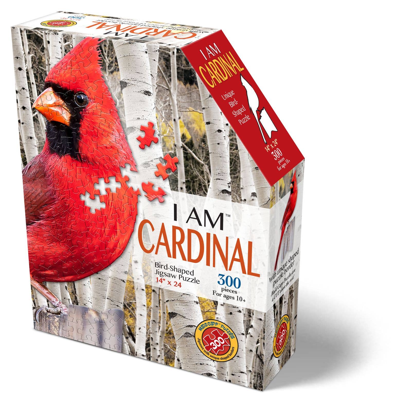 The I AM CARDINAL 300 piece puzzle showcases a distinct design of a cardinal perched amidst birch trees, elegantly encapsulating the spirit of nature.