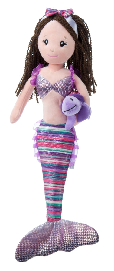 Introducing the Faire - The Petting Zoo Plush: Mermaid Plush Doll with Braids & Sea Turtle (17″), available in three colors. This adorable mermaid doll features charming braids, a colorful tail, and comes with her sea turtle companion—perfect for magical ocean adventures. Made from recycled materials, she’s both cuddly and eco-friendly!.