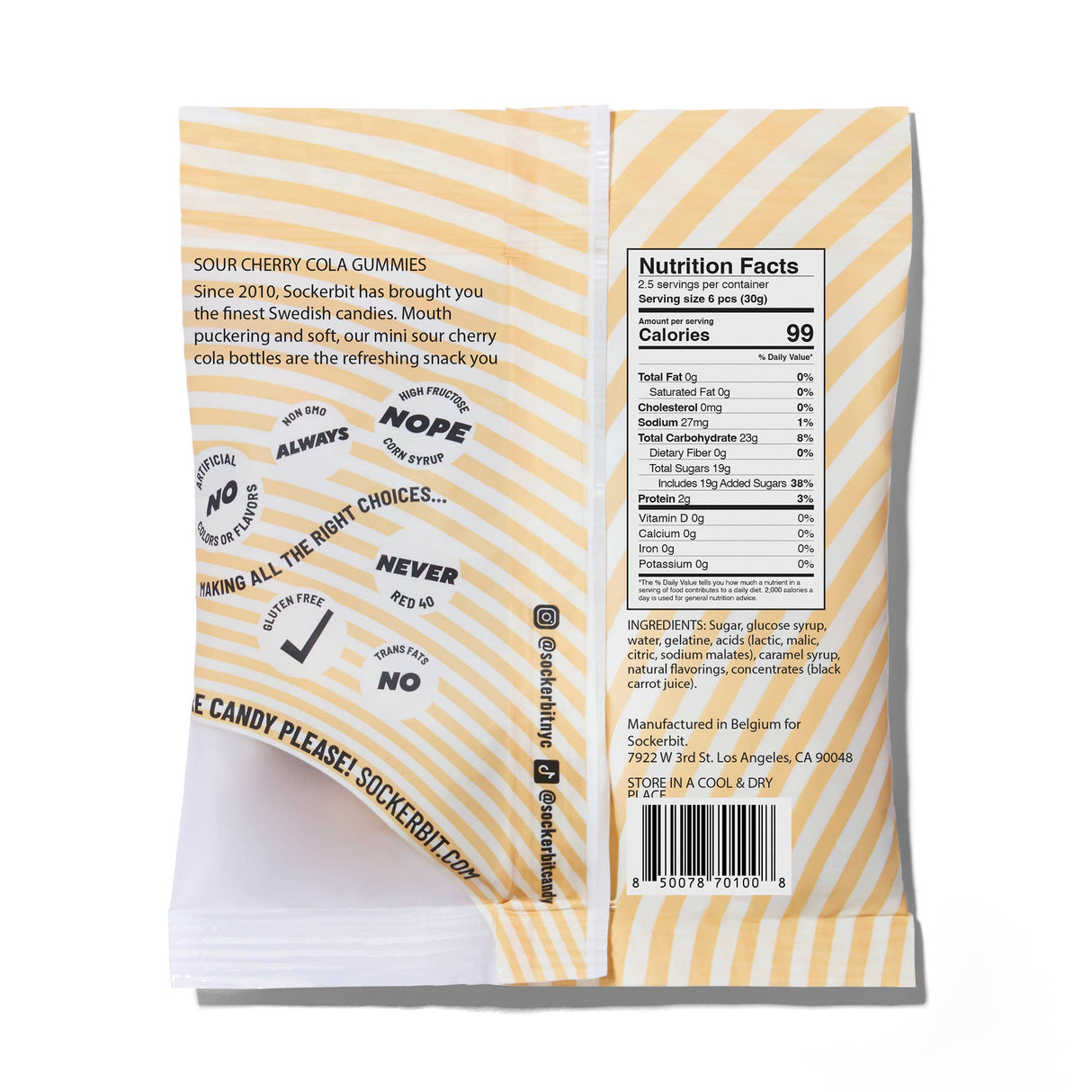A striped yellow and white Sockerbit bag holds 2.8oz Sour Cherry Cola Gummies, with playful text, see-through window, nutrition facts, ingredients, gluten free Swedish candy note; social media and barcode are on the back.