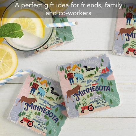 A Coaster: Minnesota Attractions Thirsty Stone Coaster with Cork Backing sits on a white table next to a glass of lemon water and two blue-striped straws.
