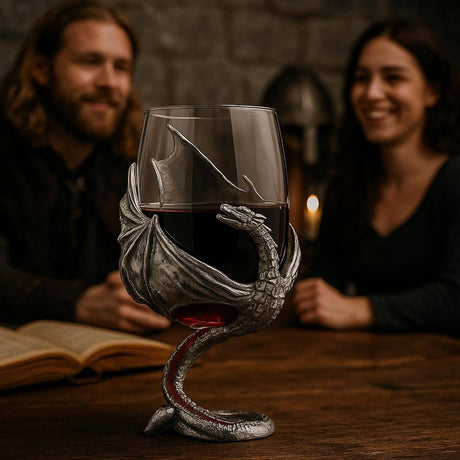 A smiling man and woman sit at a table with an open book and the Wine Glass: Medieval Dragon Viking Goblet Mug – Fantasy-Inspired Drinkware (9oz), featuring a dragon-shaped metal holder.