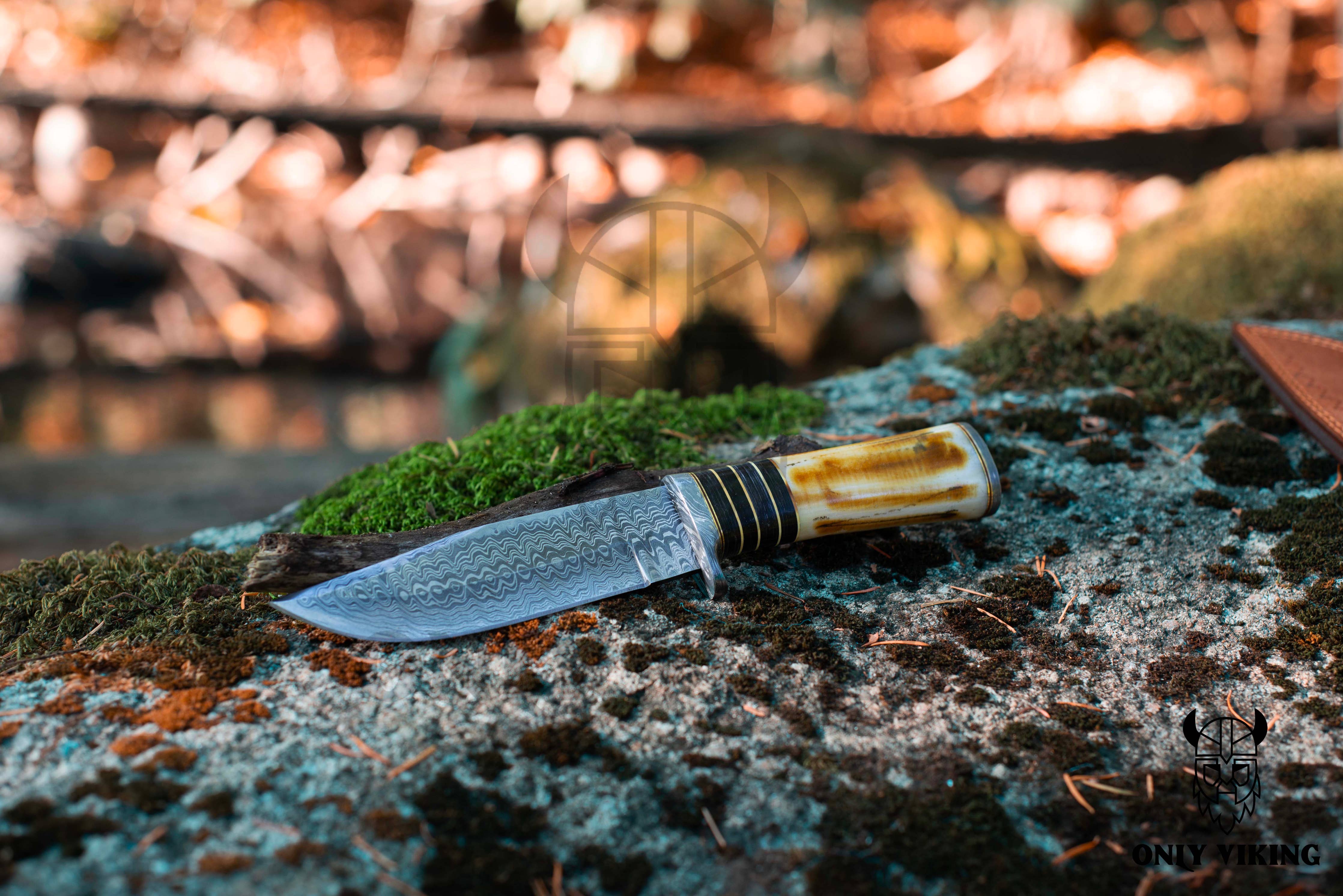 A Damascus Hunting Knife, featuring a patterned steel blade and horn handle, rests on a mossy rock. Ideal for outdoor adventures, with blurred foliage behind. Complete with locking leather sheath.