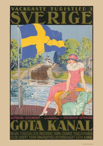 A poster titled "Göta Kanal Scenery - Come to Sweden," printed on FSC-certified paper and measuring 21 x 30 cm, features a vintage-inspired illustration of a woman in a pink dress by a canal, accompanied by a boat and a large Swedish flag, inviting viewers to explore Sweden and Göta Kanal.