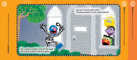 In this festive scene from the book "Sesame Street Happy Halloween!", Grover, dressed as a skeleton and holding his mask, stands by a door while The Count and another character peer out the window in surprise amid Halloween decorations.