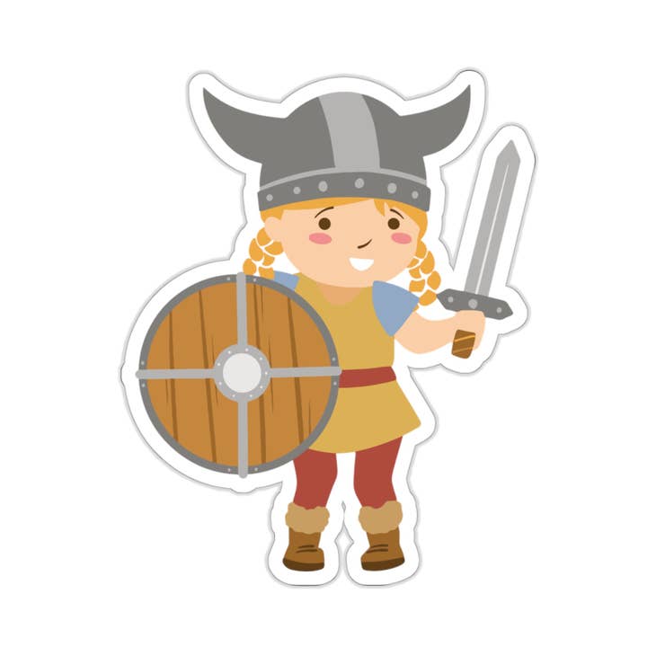 Illustration of a young Viking girl equipped with battle attire, featuring braided hair and a horned helmet, wielding a sword and shield. Ideal for creating weather-proof and fade-resistant "Sticker: Viking Girl Child" designs.