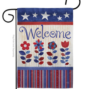 Display the Welcome Patriotic Americana Star and Stripes Floral Flag on a black flag pole to showcase American pride with its red, white, and blue stars, stripes, flowers, and weather-resistant fabric.
