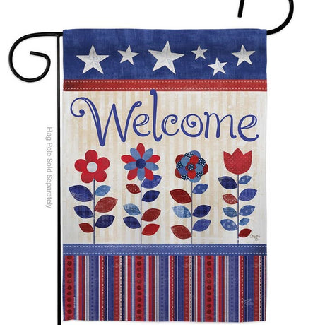 Display the Welcome Patriotic Americana Star and Stripes Floral Flag on a black flag pole to showcase American pride with its red, white, and blue stars, stripes, flowers, and weather-resistant fabric.