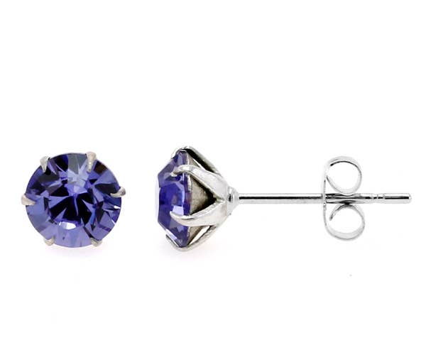 A pair of December Tanzanite Sparkling Speck Swarovski® Crystal stud earrings with round-cut blue stones in silver prongs and butterfly backs.