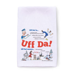 Tea Towel: "UFF Da" Norwegian - Swedish Themed Decorative Print Towel—features cartoon illustrations and funny definitions of “Uff Da!” in colorful print; a perfect Scandinavian kitchen gift or decorative accent.