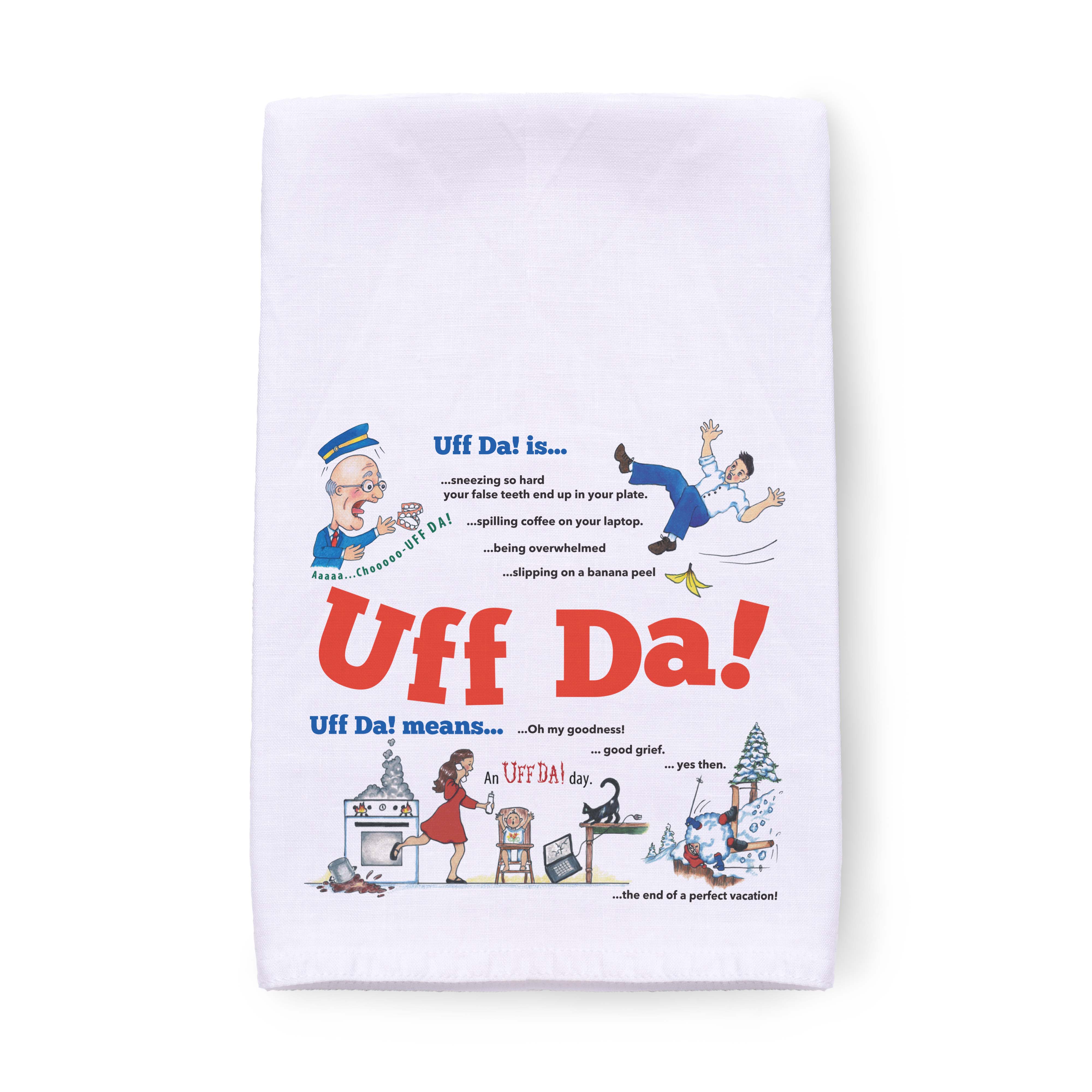 This decorative tea towel, named "UFF Da Norwegian Themed Decorative Print Towel," showcases a 100% white cotton flour sack design with playful cartoon illustrations and text that humorously explain the phrase "Uff Da," depicting misfortunes like spilling coffee or slipping on a banana peel. It's perfect for adding a touch of Scandinavian charm to your kitchen.