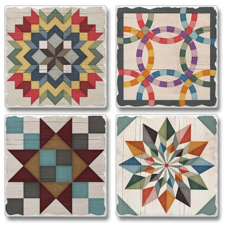 This set includes four 4" square Barn Quilt Signs stone coasters with cork backing, each featuring a unique colorful geometric quilt pattern on a distressed white background to enhance your Scandinavian decor.