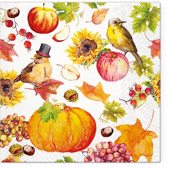 Add charm to your fall table with "Birds Enjoying the Harvest Season" lunch napkins (6.5" x 6.5"), featuring pumpkins, apples, birds, sunflowers, leaves, berries, and chestnuts—perfect for your Thanksgiving collection.