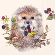 A realistic illustration of a hedgehog with blackberry branches, leaves, and acorns on a light background, featured on Napkins: Forest Hedgehog with Berries & Acorns Fall Cocktail Napkins (20/pkg, 5"x5").