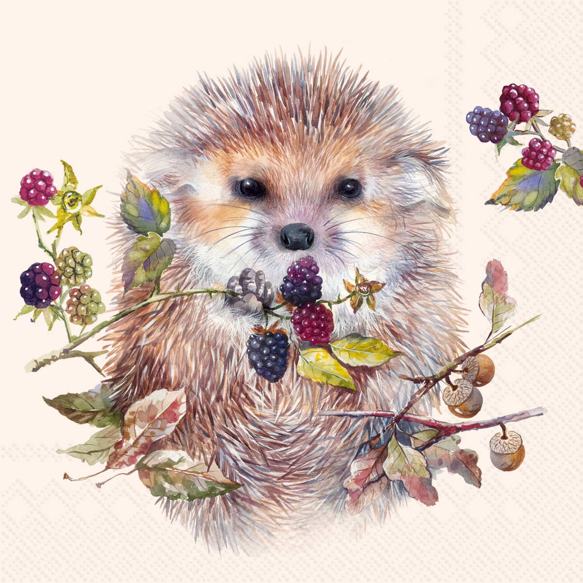 A realistic illustration of a hedgehog with blackberry branches, leaves, and acorns on a light background, featured on Napkins: Forest Hedgehog with Berries & Acorns Fall Cocktail Napkins (20/pkg, 5"x5").