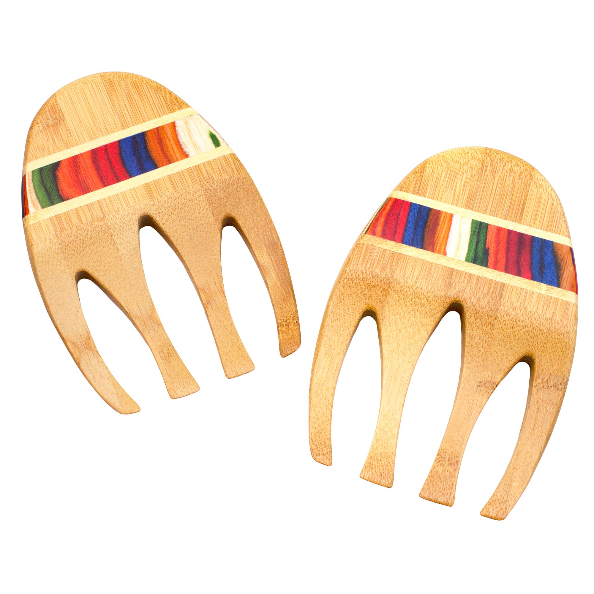 The Utensil: Baltique® Marrakesh Collection Salad Hands feature wooden bear claw design with colorful striped accents, drawing inspiration from vibrant Moroccan markets.