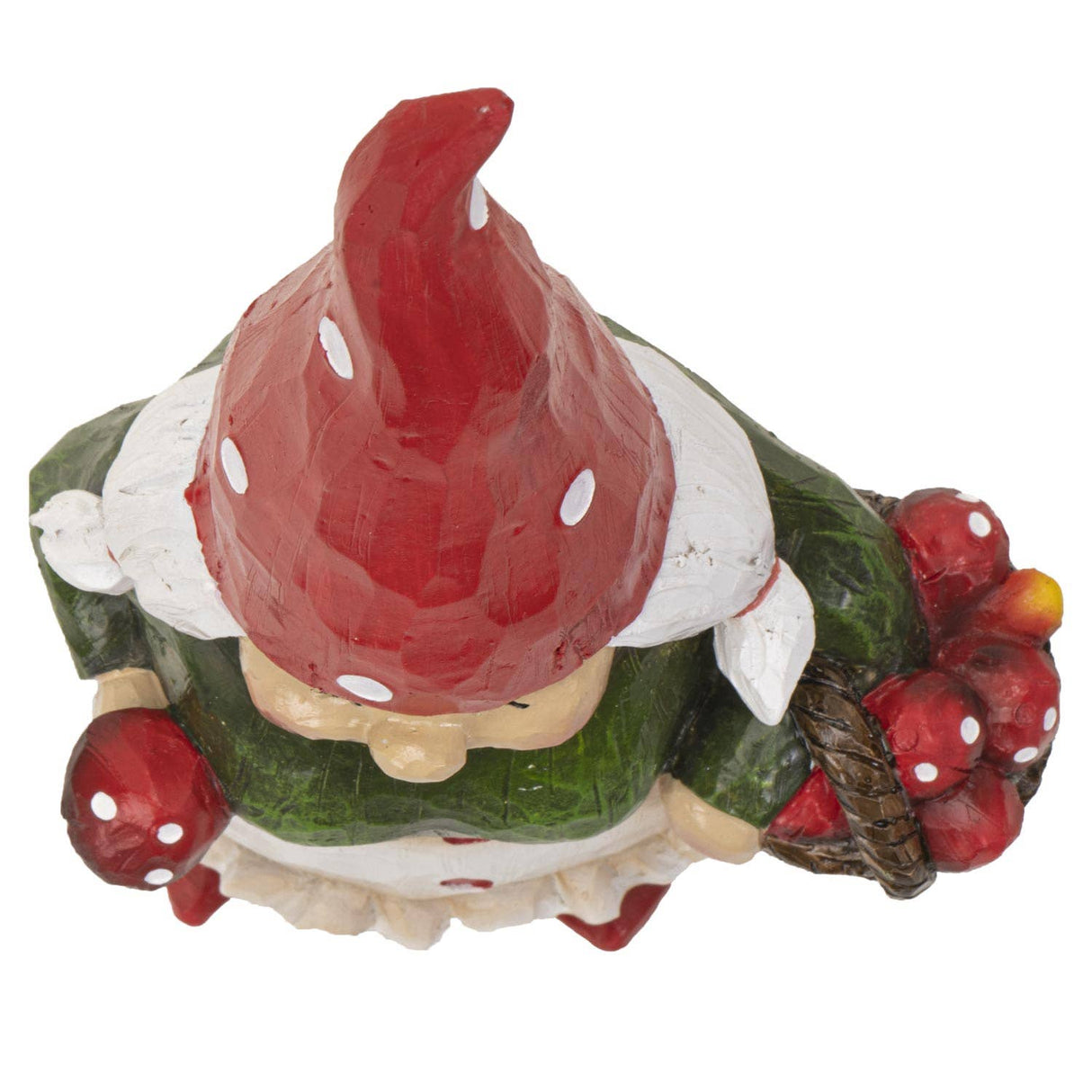 Top view of Granny Gnome, a 9.72" hand-painted resin figure in a red hat and green outfit, holding a basket of red mushrooms—a delightful woodland décor accent.