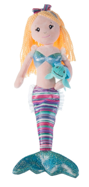 Introducing the Plush: Mermaid Plush Doll with Braids & Sea Turtle 17″ by Faire - The Petting Zoo. This adorable mermaid doll features braided hair and a shimmering, colorful tail and top, and comes with her very own plush sea turtle companion. Lovingly crafted from recycled materials, this charming plush makes an ideal gift for any ocean lover—choose from three vibrant colors!.