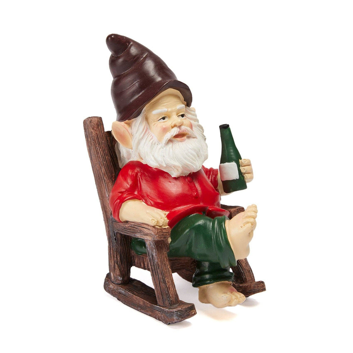 Garden gnome figurine wearing a red shirt and green pants, sitting in a wooden rocking chair and holding a bottle.