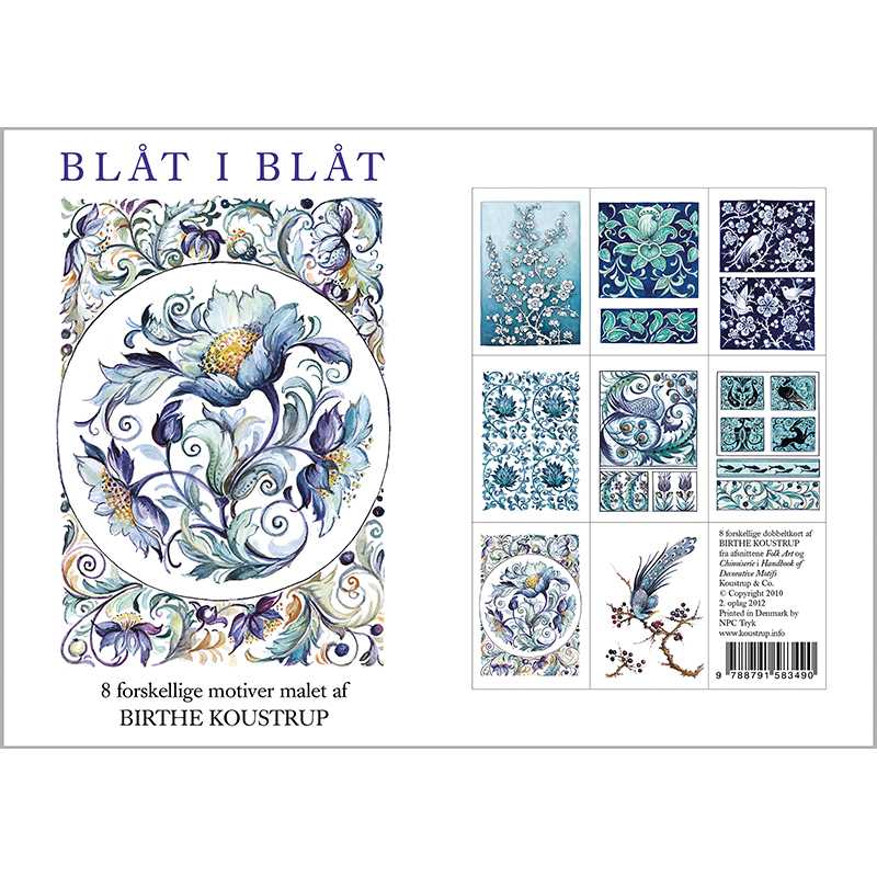 The card pack "Blue in Blue" features covers with floral and ornamental blue motifs, elegantly highlighting the design theme. Multiple artwork samples by Birthe Koustrup adorn the back of each card, all printed on environmentally certified FSC paper.