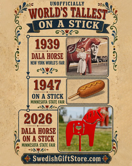 Vintage-style poster showing a red metal Dala horse garden stake, a corn dog labeled 1947, Swedish garden decor at a fair, and “SwedishGiftStore.com” at the bottom.