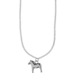 The Anna Viktoria Silver Dala Horse Necklace, 85cm, showcases a delicate Scandinavian elegance with its silver pendant on a fine chain set against a white background.