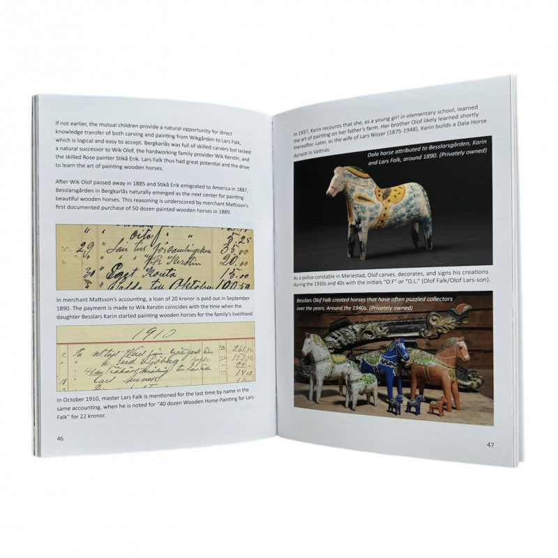 Open book displaying pages with text, historical photographs, documents, and images of intricately carved Dalecarlian Horses—a true collector's dream in *Book: Cradle of the Dalecarlian Horse*.