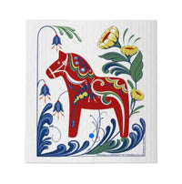 Dish Cloth: Dalahast Swedish Dala Horse with Flowers Swedish Dish Cloth - Bluebell Folk Pattern Cellulose Cotton (6.5" x 7.75")