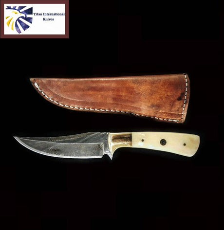 Knife: Damascus Steel Knife Blade with Camel Bone Handle Knife