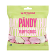 A bag of PÄNDY FLUFFY CLOUDS 50g sugar-free gummy candy from Sweden by Swedish Sweets Wholesale LLC features pink and white pieces and contains only 1g of sugar per bag—an ideal healthy treat for gummy enthusiasts. The packaging is yellow-green with bold pink lettering and a small Swedish flag in the bottom left corner.