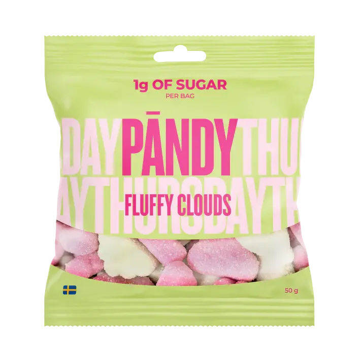 A bag of PÄNDY FLUFFY CLOUDS 50g sugar-free gummy candy from Sweden by Swedish Sweets Wholesale LLC features pink and white pieces and contains only 1g of sugar per bag—an ideal healthy treat for gummy enthusiasts. The packaging is yellow-green with bold pink lettering and a small Swedish flag in the bottom left corner.