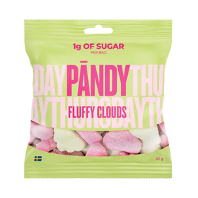 A bag of PÄNDY FLUFFY CLOUDS 50g sugar-free gummy candy from Sweden by Swedish Sweets Wholesale LLC features pink and white pieces and contains only 1g of sugar per bag—an ideal healthy treat for gummy enthusiasts. The packaging is yellow-green with bold pink lettering and a small Swedish flag in the bottom left corner.